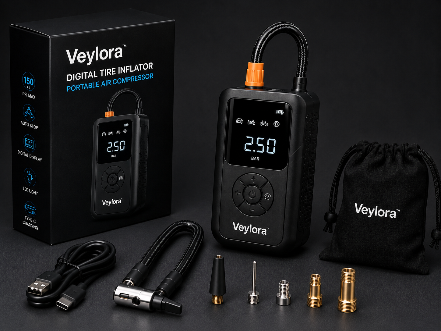 Veylora™ Digital Tire Inflator – Portable Air Compressor