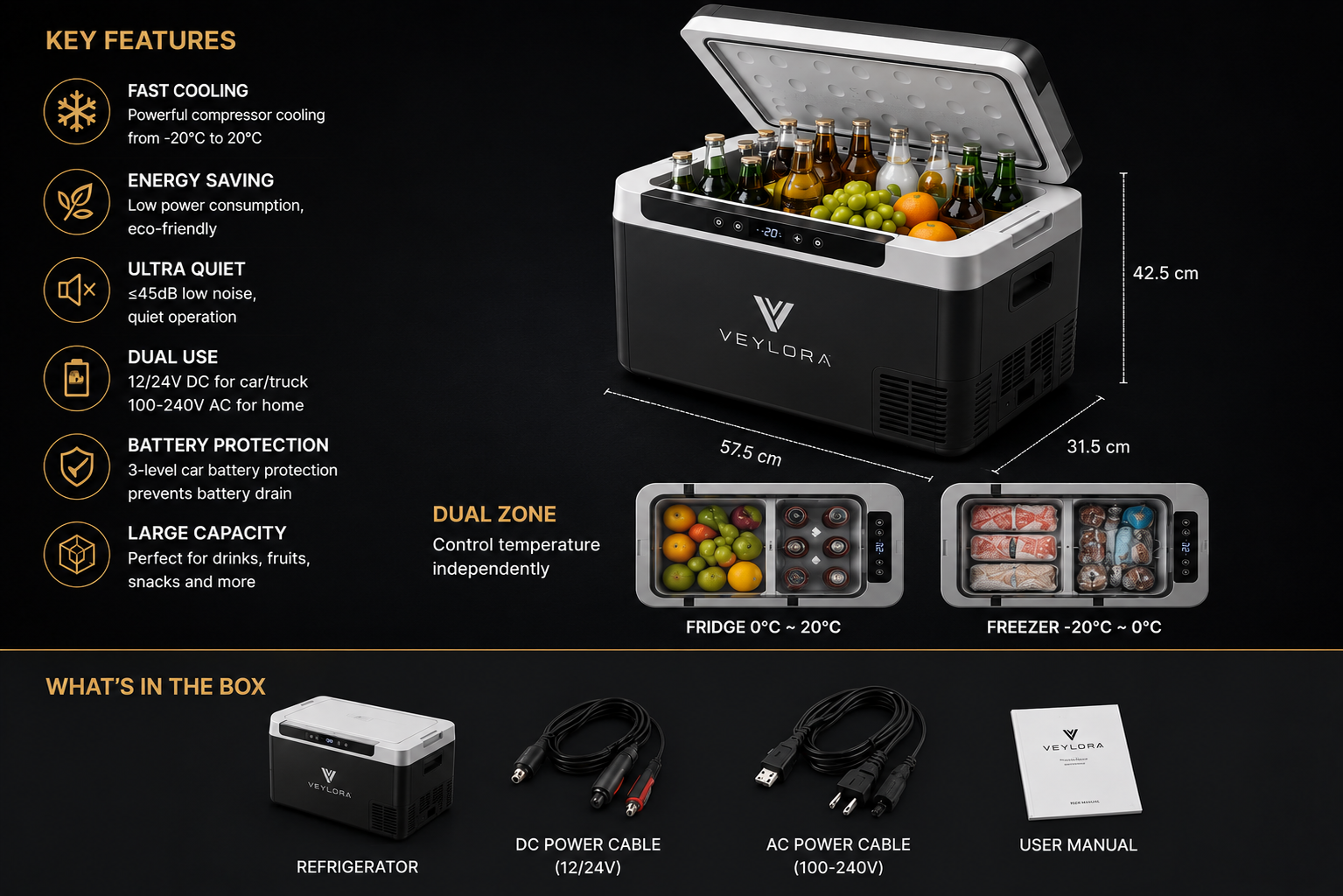 Veylora™ Portable Car Refrigerator – Dual Zone