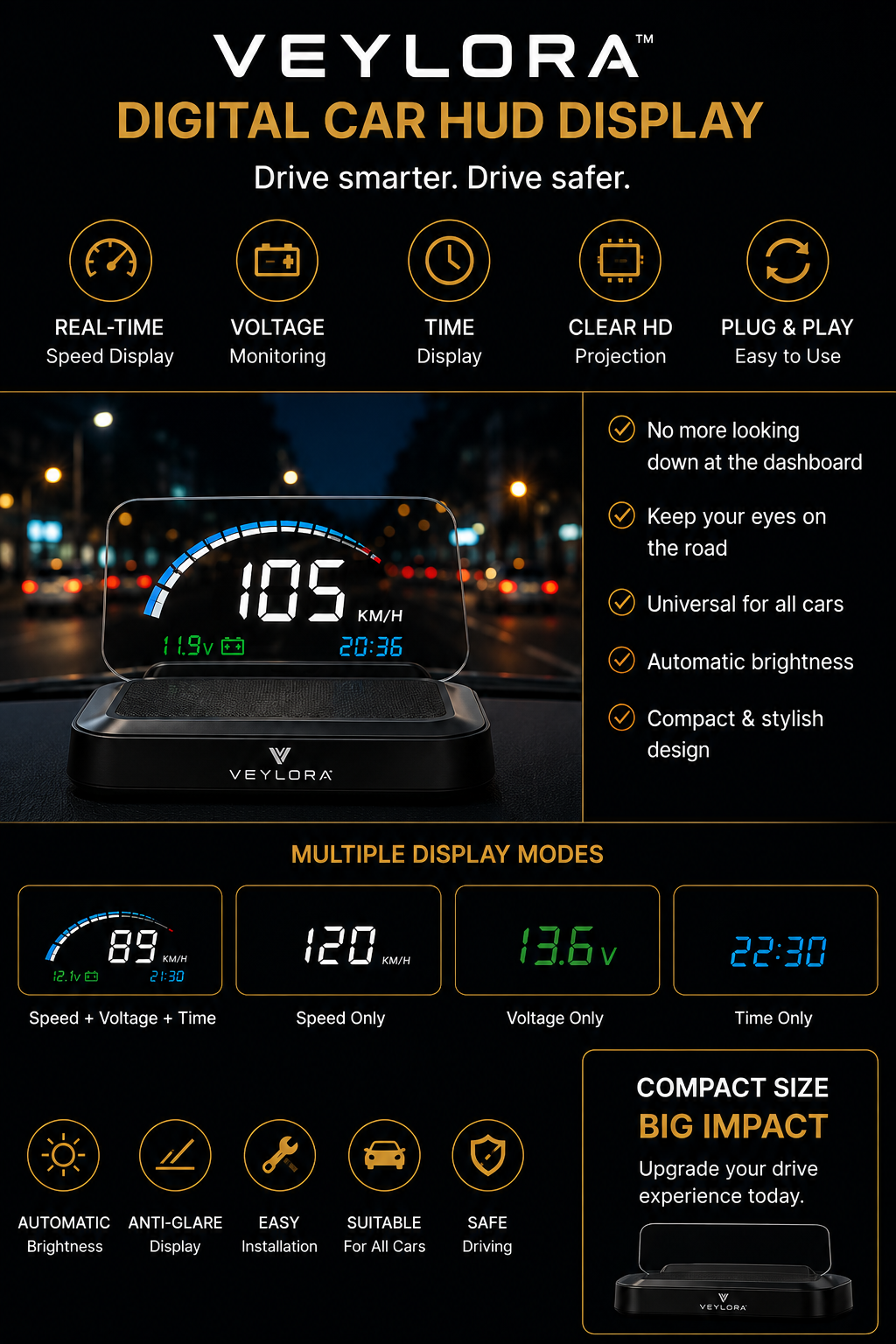Veylora™ Digital Car HUD Display